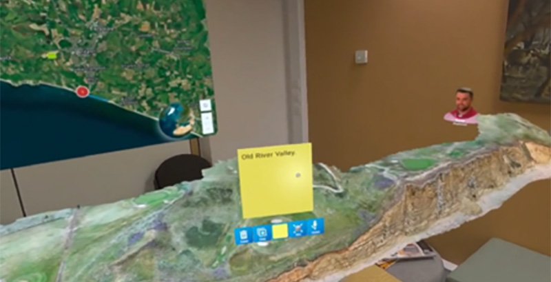An example of the 3D model of a river valley shown via mixed reality.