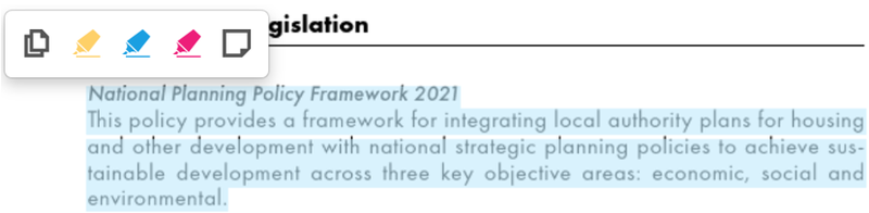 [Alt text = An area of highlighted text with a pop-up menu showing three different highlighting colour options (yellow, blue, pink) and the option to add a note or copy text.