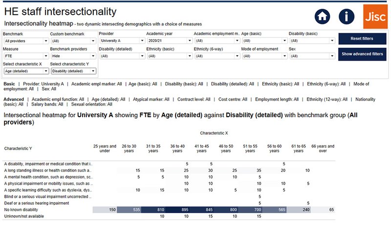 Screenshot of HE staff intersectionality heatmap