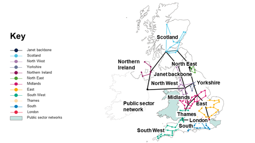 Map of the UK and Northern Ireland showing the Janet Network's backbone.