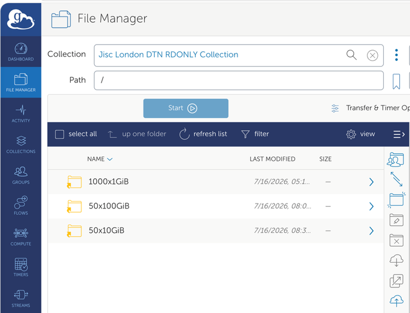 A screenshot of the Globus Connect Personal GUI showing a Jisc read-only collection available for testing, and the associated directory contents each of which is 5TB in different file sizes and numbers.