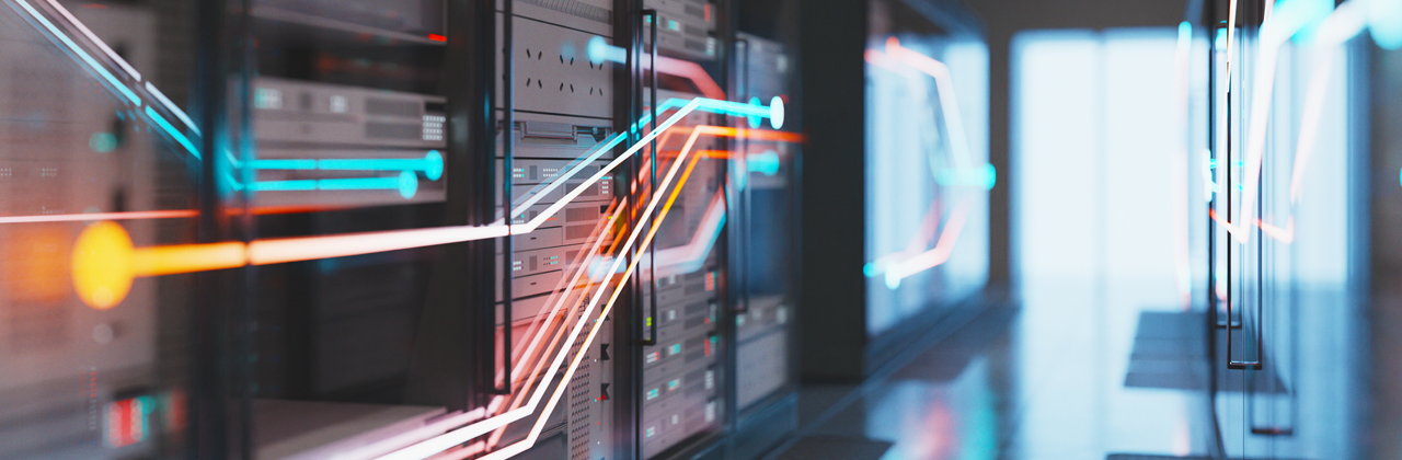 A row of server racks in a data centre is shown with glowing lines of light representing digital data flowing between the equipment.