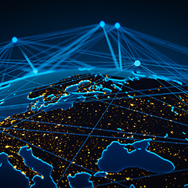 Concept art of artificial satellites viewed from space forming a network on the earth.