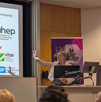 Heidi Fraser-Krauss, Jisc CEO, presenting at a digital transformation event