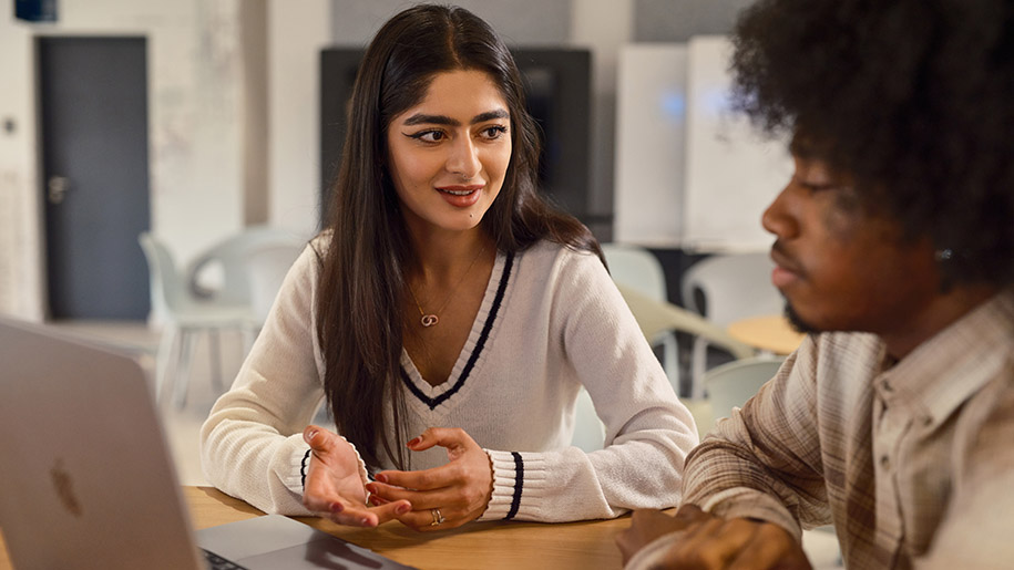 A female tutor explaining information to a male student.